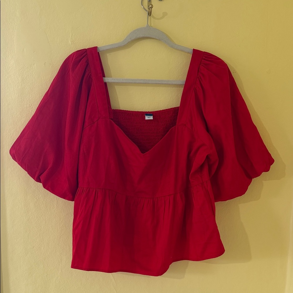 Old Navy Red Puff Sleeve V-Neck Peplum Blouse